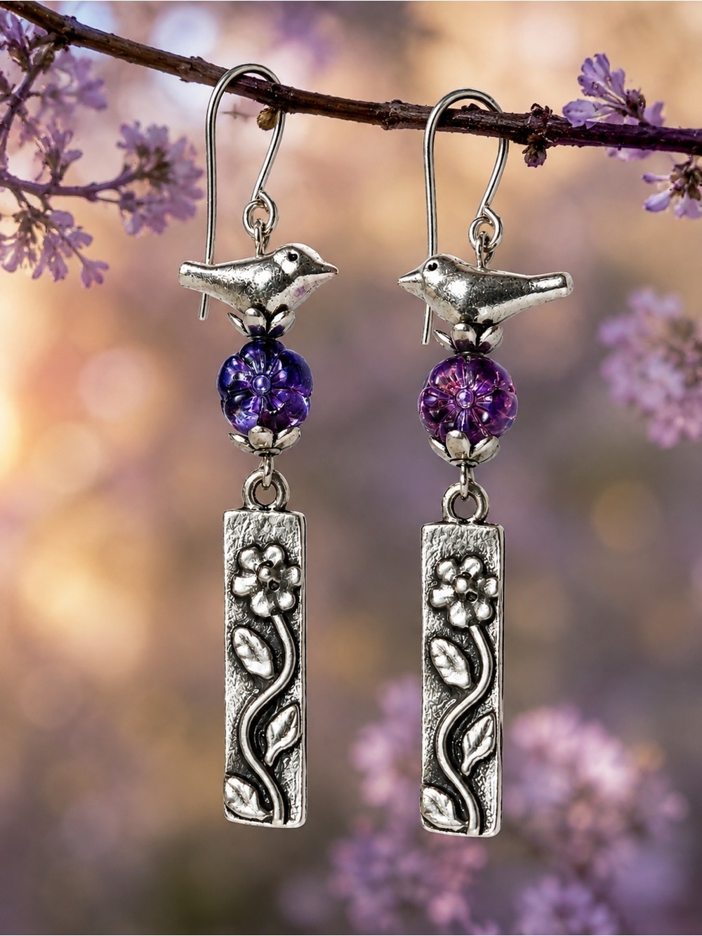 Silver Bird, Purple Czech Glass Flower Dangle Earrings, Artisan Handmade